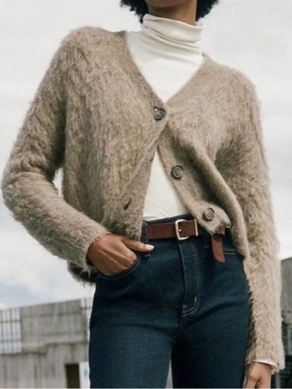 Madewell Brushed V-Neck Cardigan Sweater, Heather Mesquite, Size L